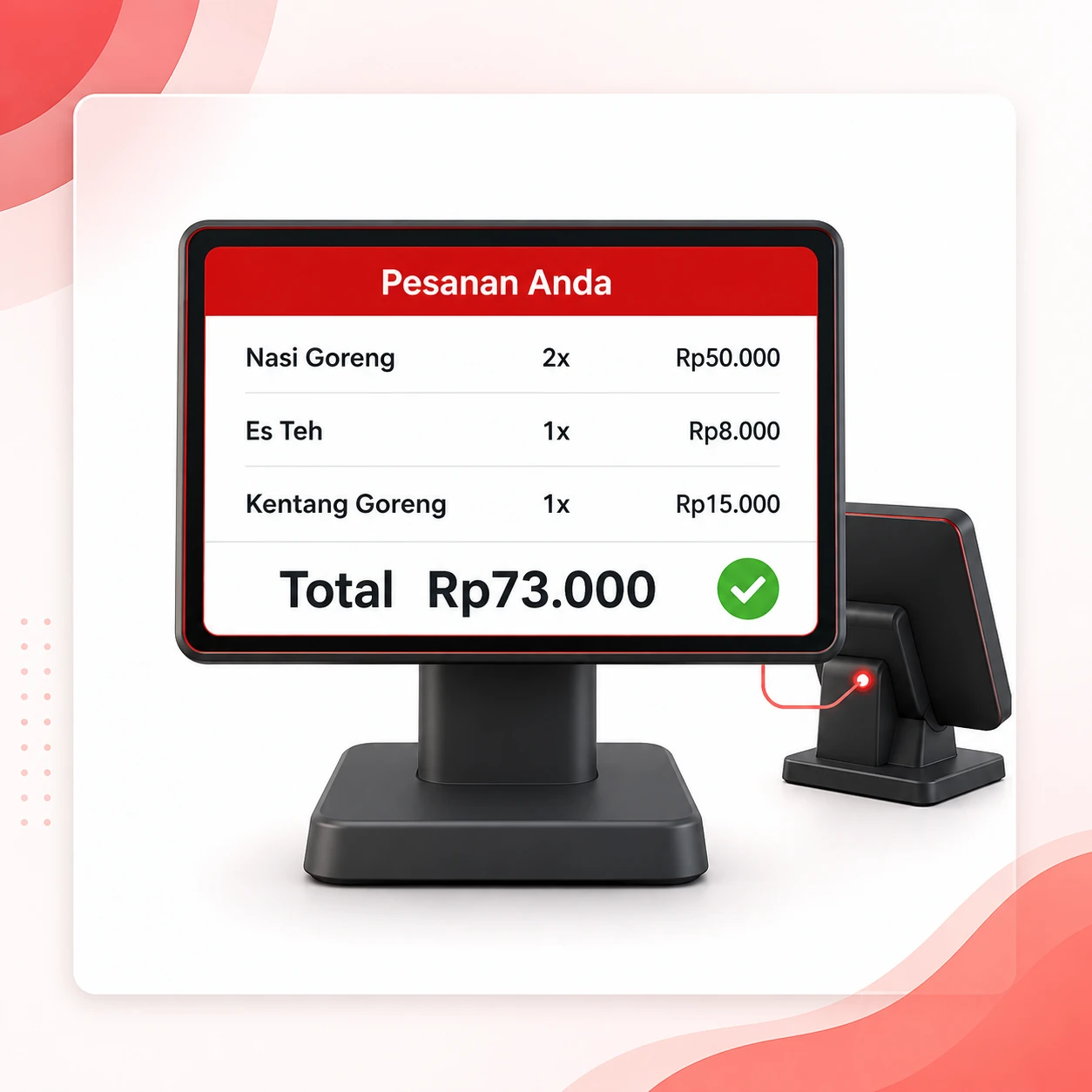Customer Display Goe POS menampilkan produk, jumlah, harga, dan total transaksi