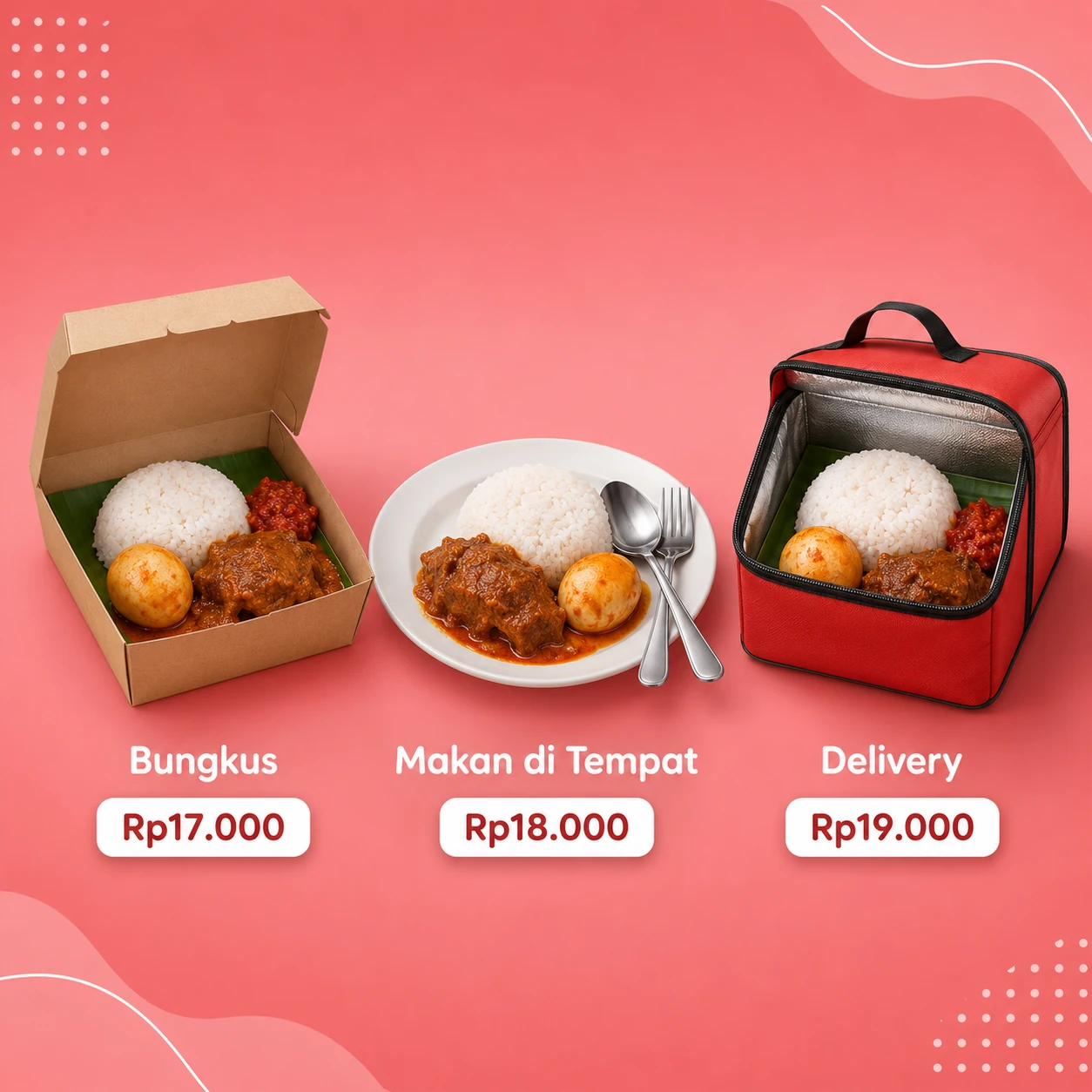 Ilustrasi harga Nasi Padang Telur berbeda untuk bungkus, makan di tempat, dan delivery di Goe POS