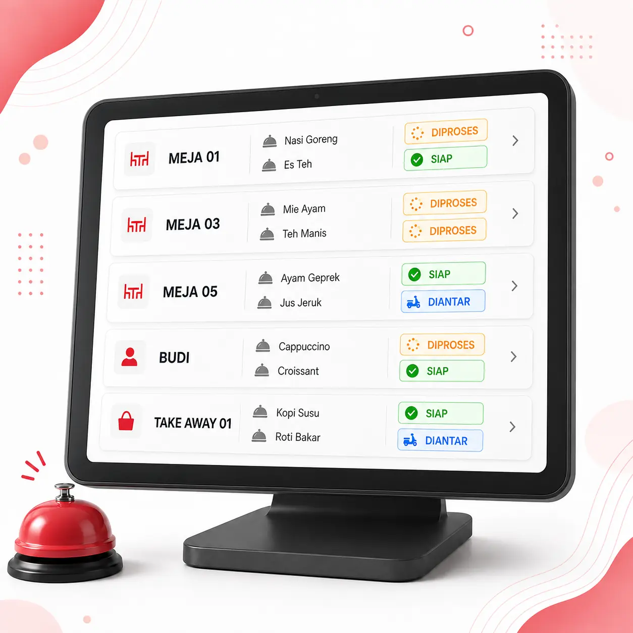 Daftar pesanan aktif Goe POS dengan status pesanan yang sedang diproses, siap, dan diantar